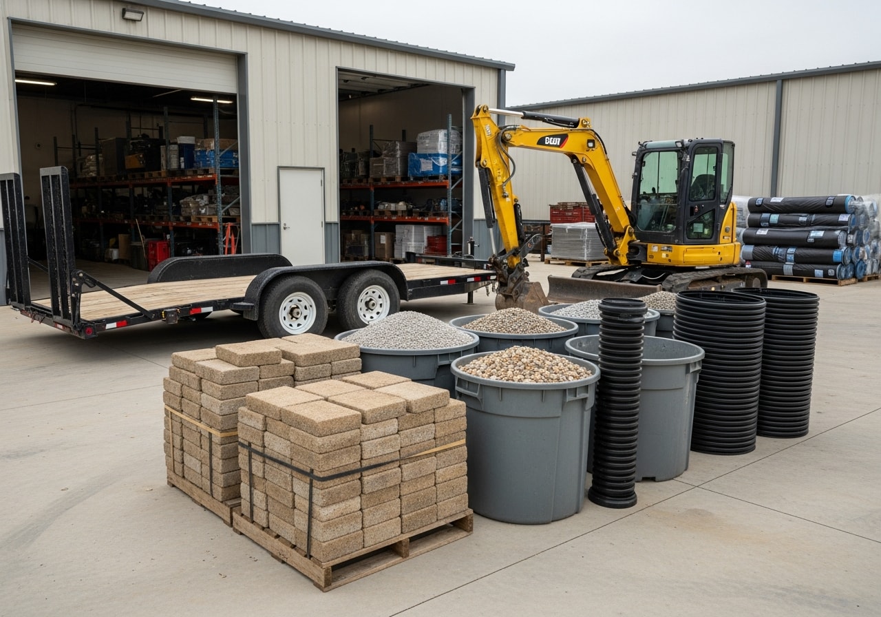 Landscaping crew with tools and equipment ready for outdoor construction work, showcasing professional hardscape and drainage expertise.