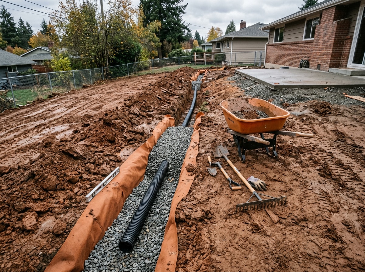 Backyard drainage and grading work in progress before a Navasota landscaping installation