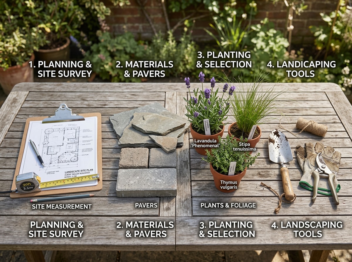 Simple backyard landscaping process graphic showing consultation through final walkthrough