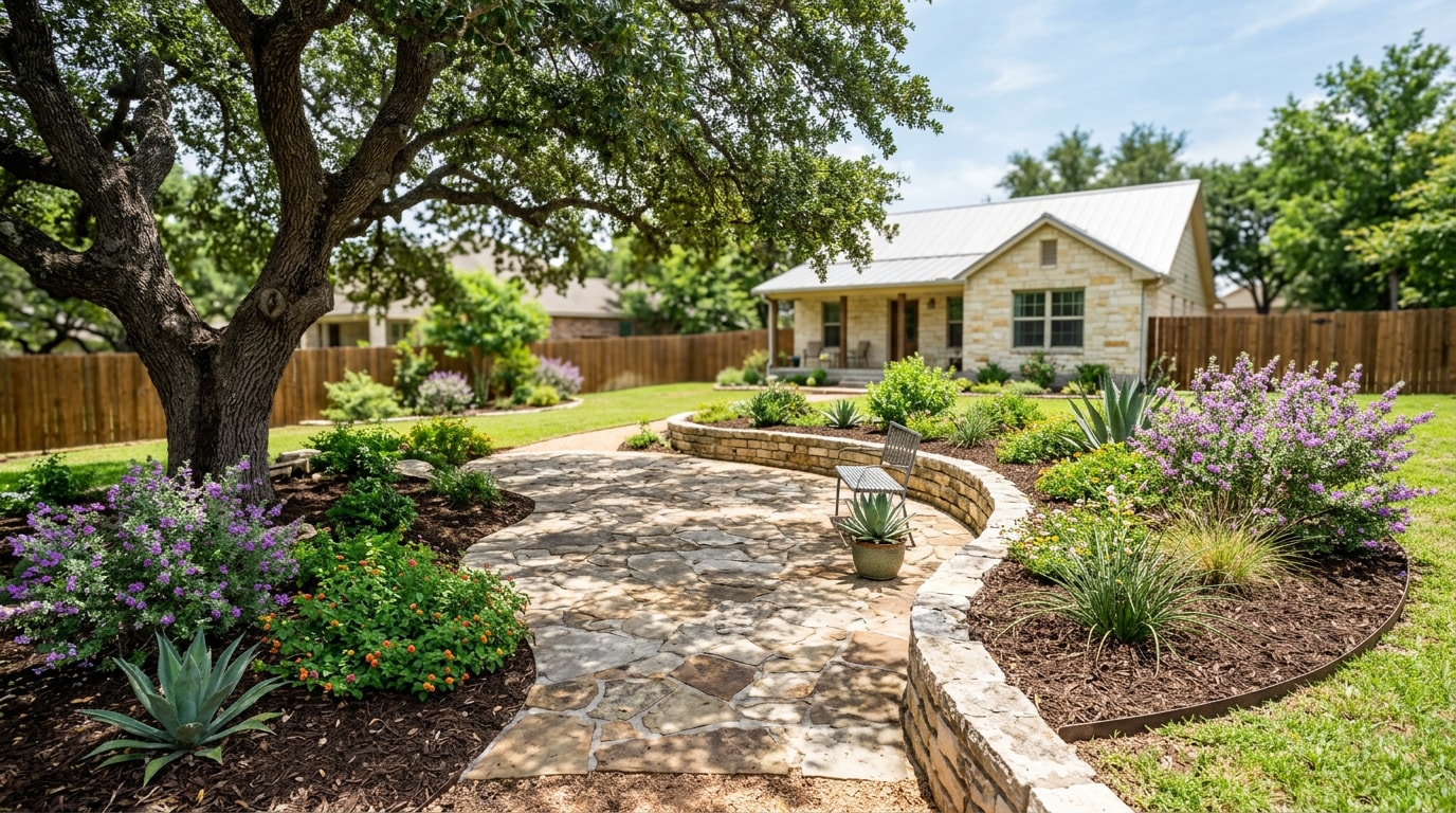 Finished backyard landscaping project with stone patio and native plant beds in Navasota, TX