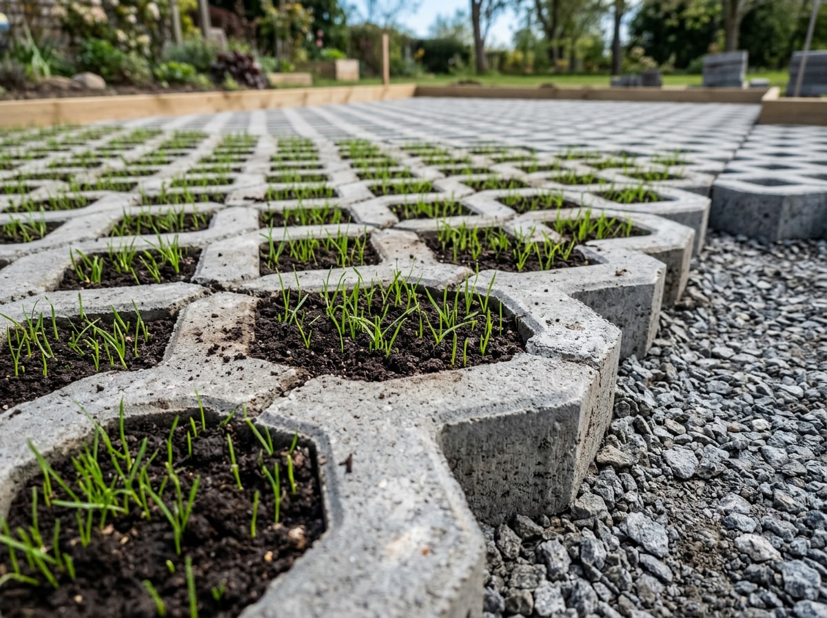 Grass paver driveway installation showing turf growing through permeable paver grid