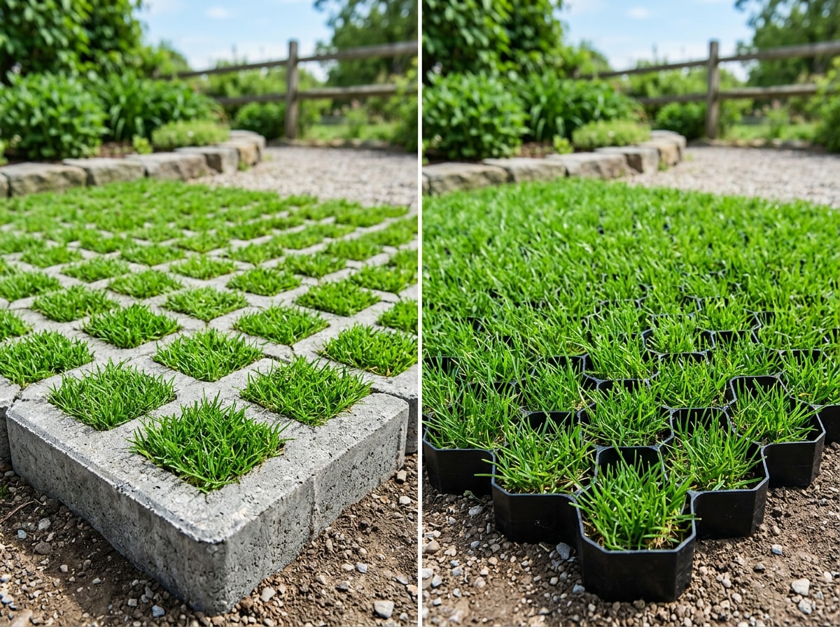 Side-by-side comparison of concrete grass pavers and plastic grid grass pavers