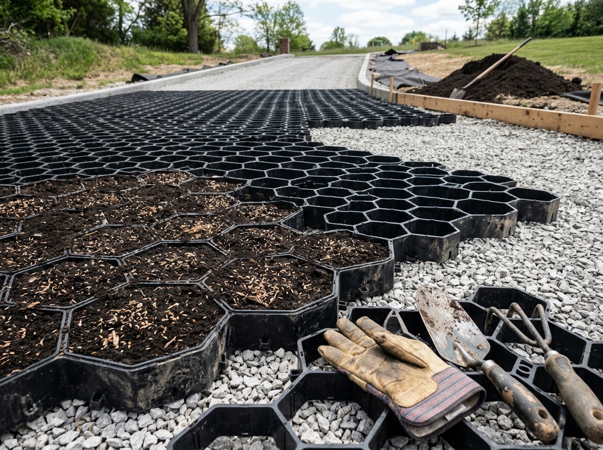 Grass paver grid installation in progress with soil fill before grass establishes
