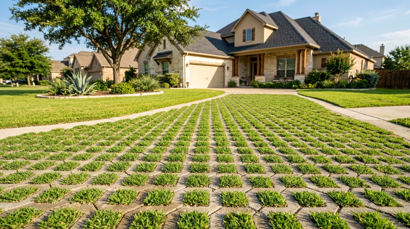 Finished grass paver driveway with turf growing through concrete grid pavers Finished grass paver driveway with turf growing through concrete grid pavers