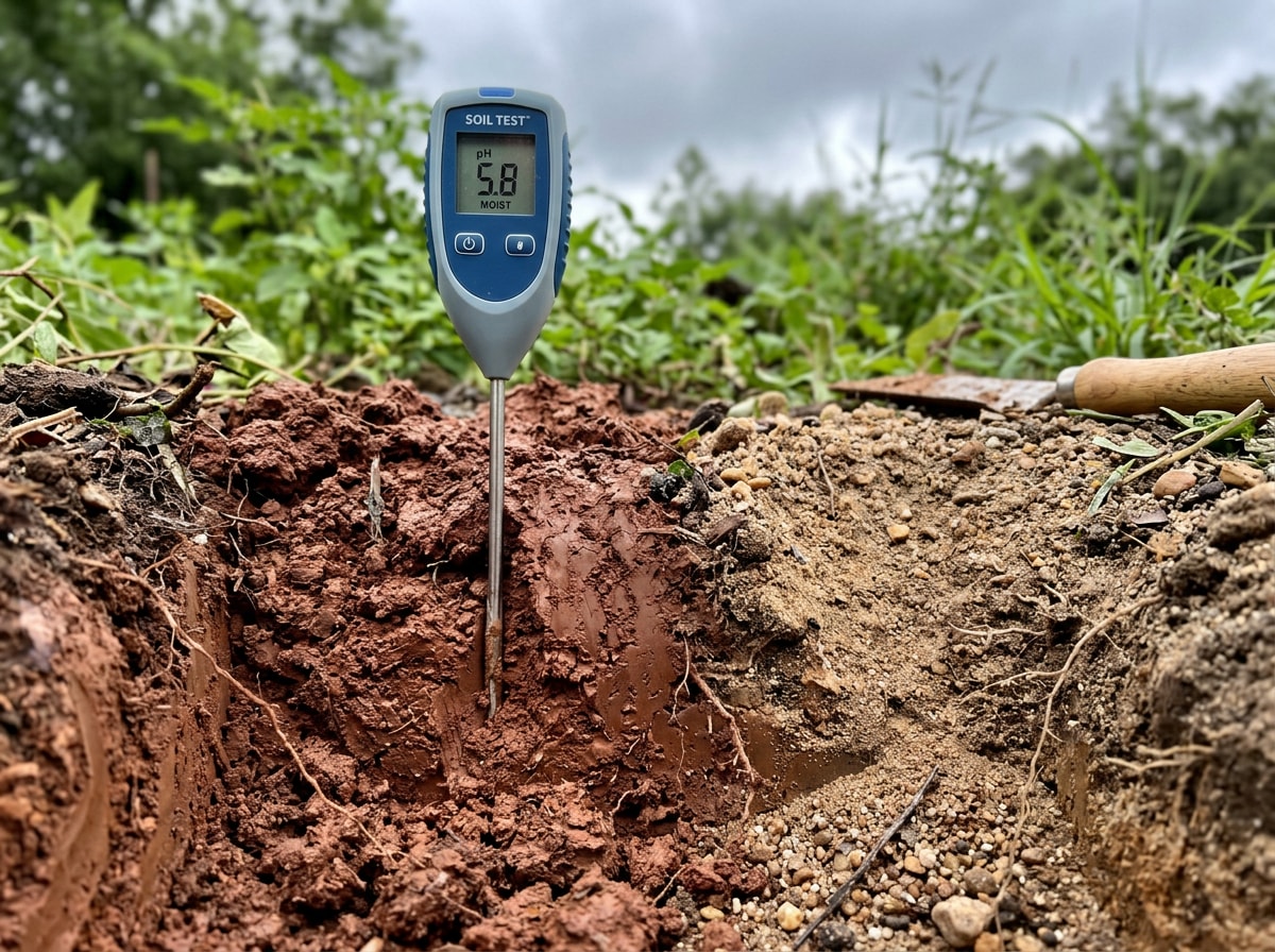 Diagram of College Station, TX soil composition, alkaline pH range, and humidity factors affecting new grass seed establishment