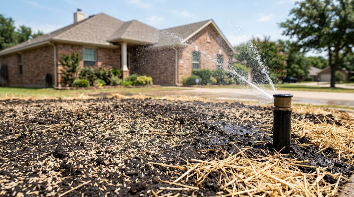 Freshly seeded lawn with straw mulch and sprinkler irrigation in a College Station, TX backyard