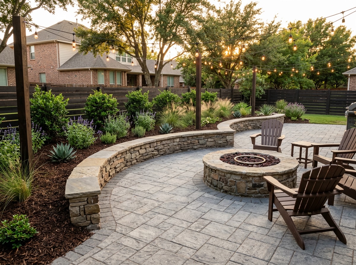 Finished paver patio with retaining wall and fire pit in a College Station backyard