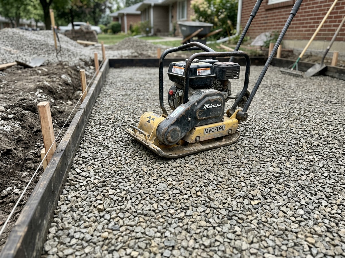 Hardscape crew compacting gravel base for a patio installation in College Station, TX