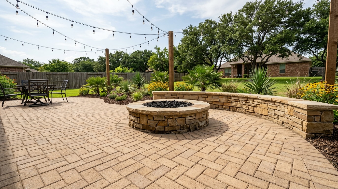 Finished hardscape patio and retaining wall installation in College Station, Texas Finished hardscape patio and retaining wall installation in College Station, Texas
