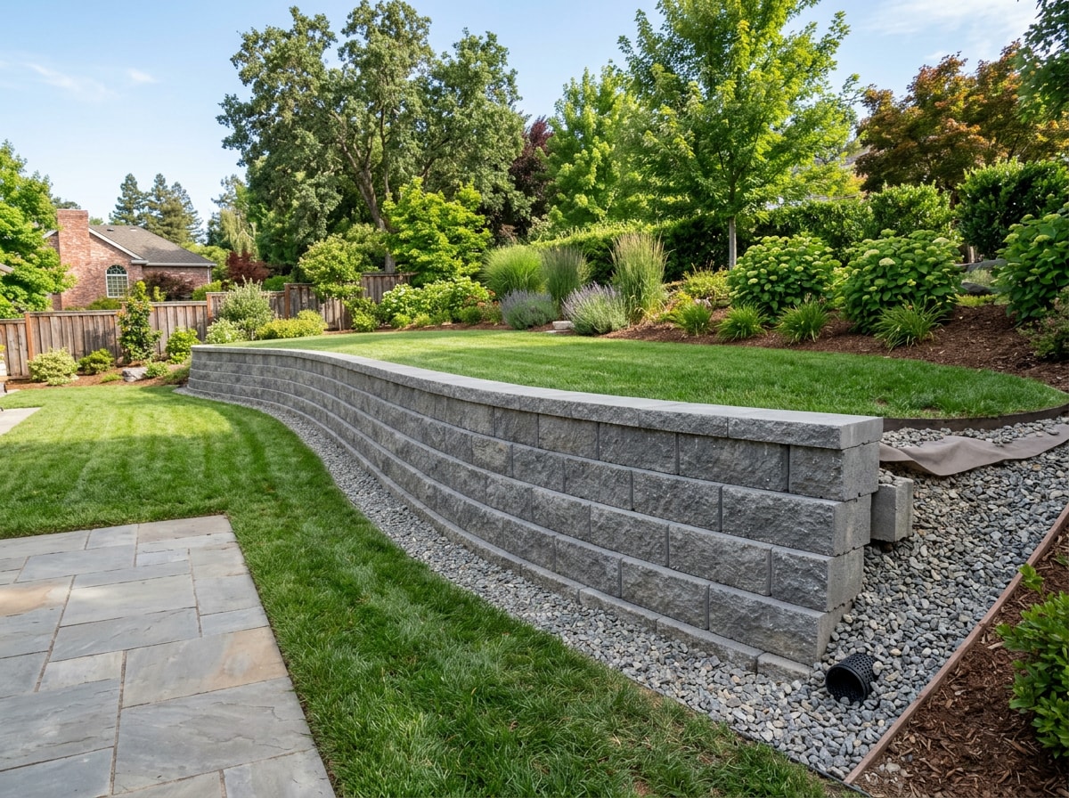 Engineered retaining wall with drainage installed on a sloped Wixon Valley, TX property