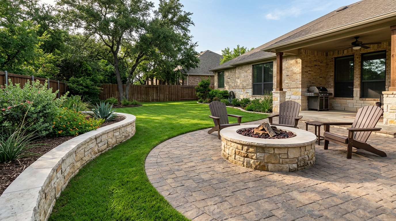 Finished hardscape patio with fire pit and retaining wall in Wixon Valley, TX