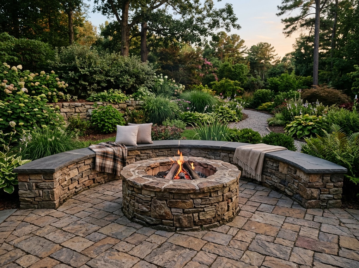 Finished outdoor fire pit and seating wall on a Brazos Valley patio