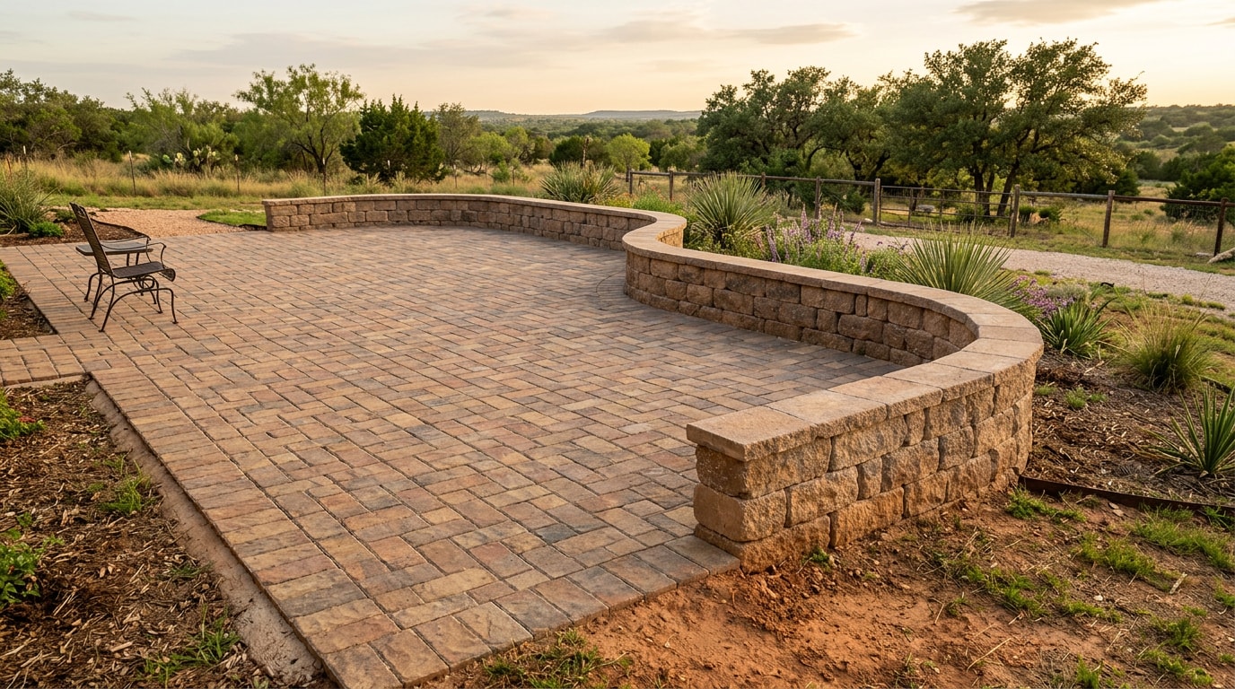 Finished paver patio and retaining wall on a Brazos Valley property Finished paver patio and retaining wall on a Brazos Valley property