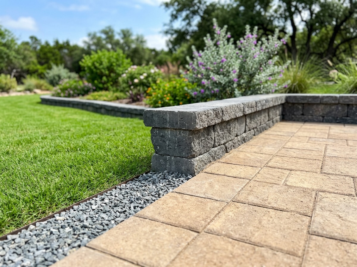 Paver patio with retaining wall installed on a residential property in Kurten, TX