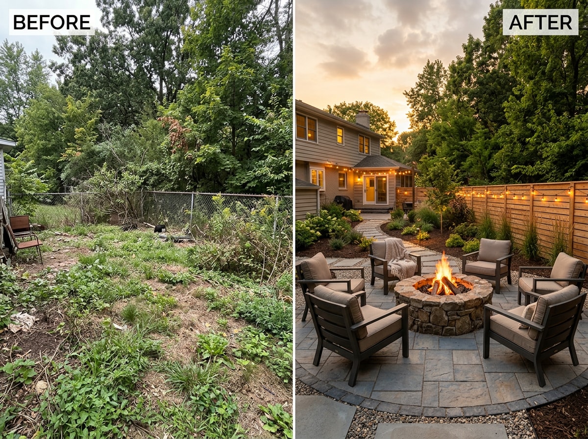 Before-and-after hardscape design transformation showing patio and fire pit upgrade