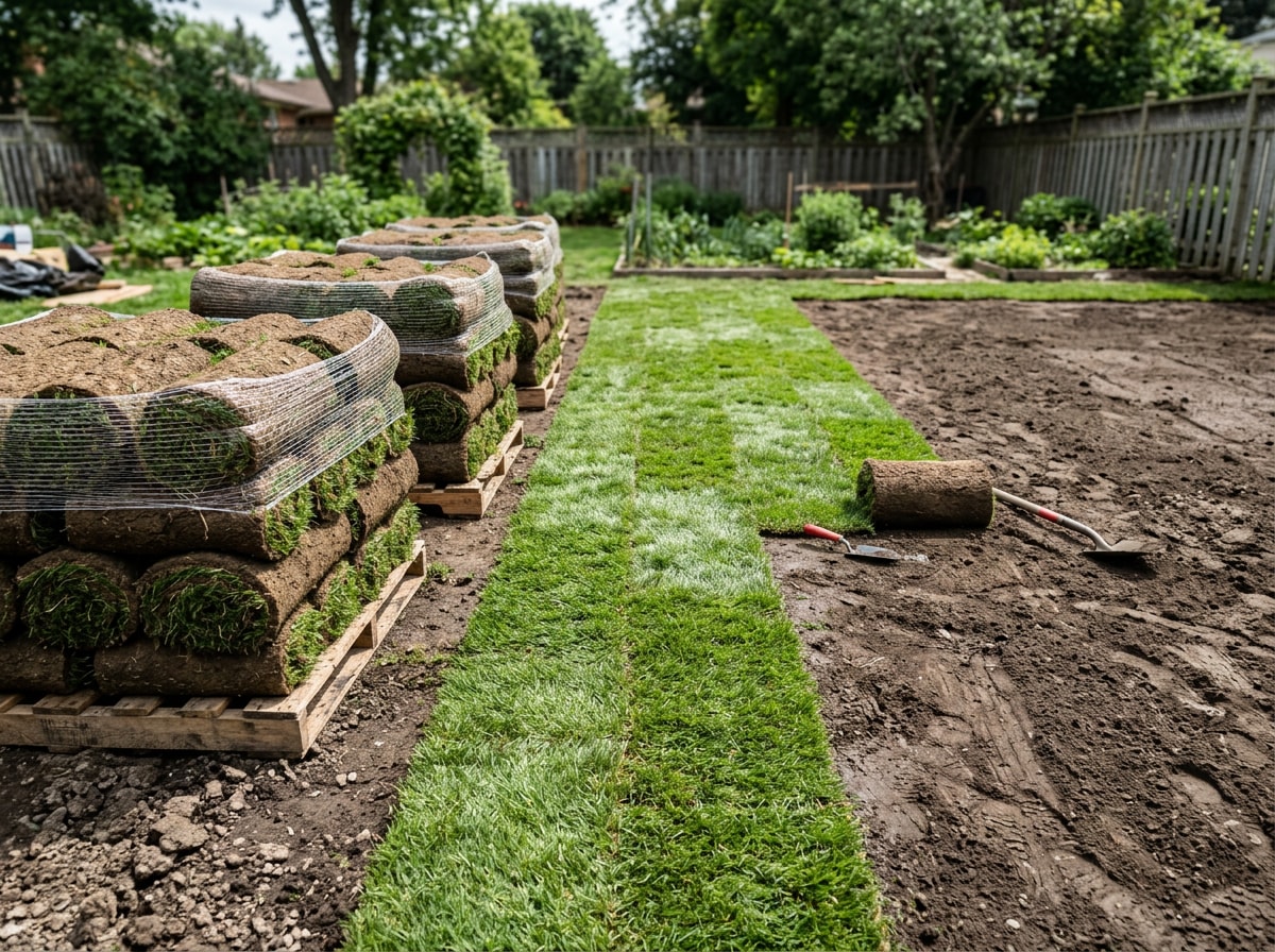 Landscaper installing fresh sod rolls in a College Station, TX backyard