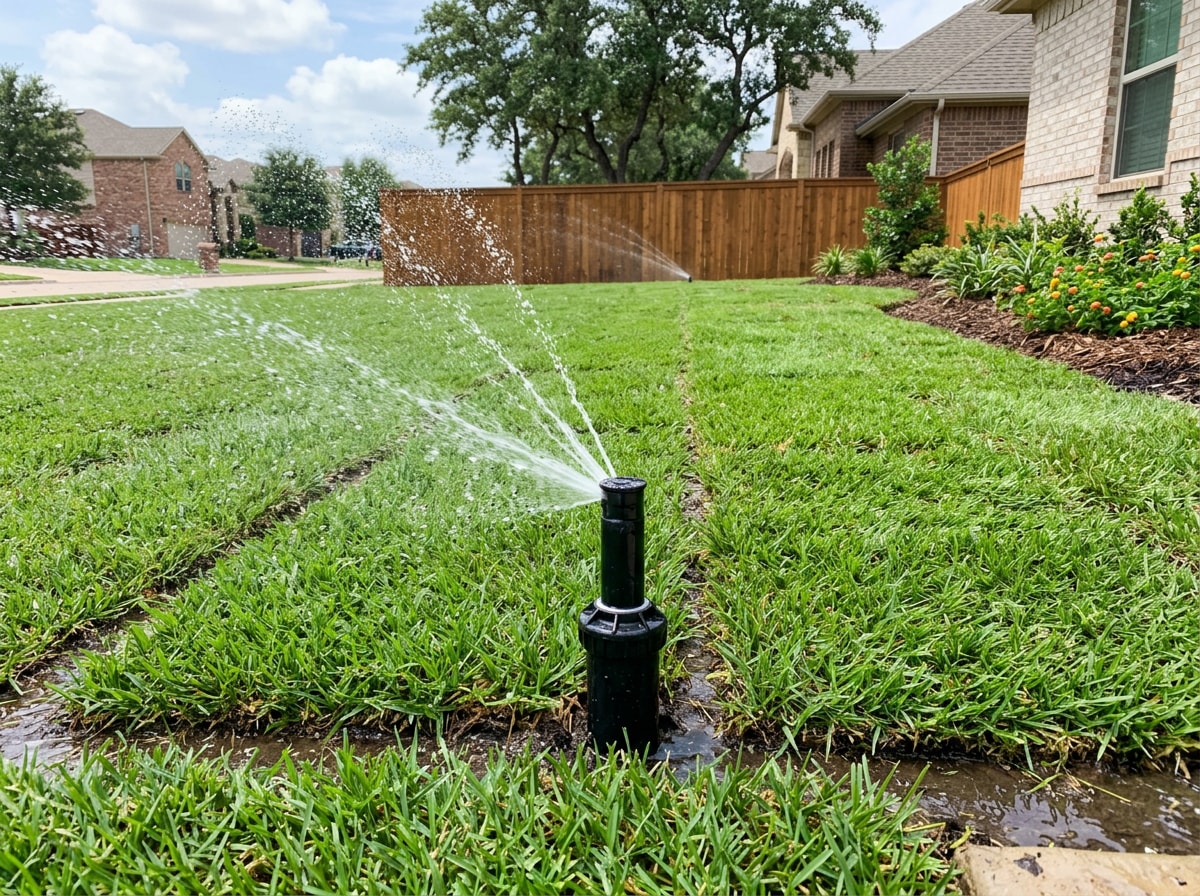 Sprinkler system watering newly installed sod on a College Station lawn