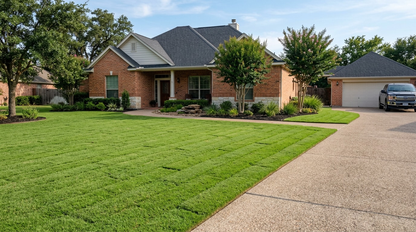 Freshly installed sod lawn in a College Station, TX front yard