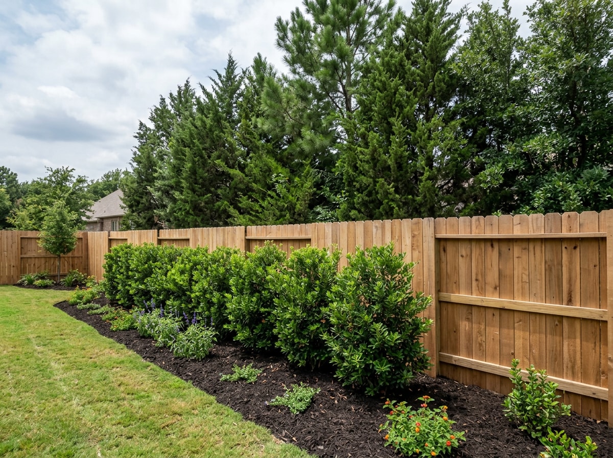 Layered privacy landscaping with fence, hedge row, and tree canopy in a Texas backyard