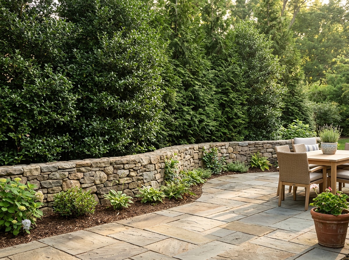 Row of evergreen privacy trees and a stone wall along a patio edge in a Texas backyard
