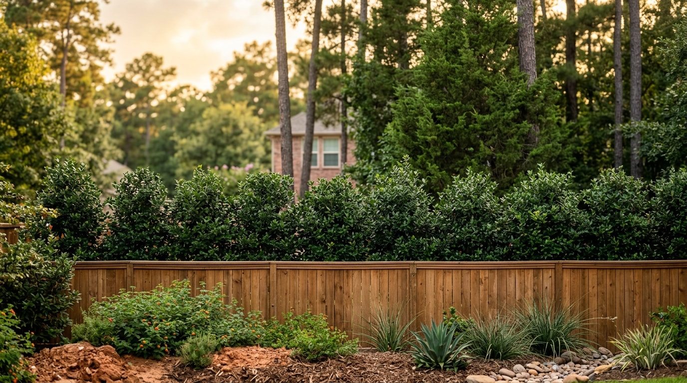 Layered privacy landscaping with fence, hedge, and evergreen trees in a Navasota, TX backyard Layered privacy landscaping with fence, hedge, and evergreen trees in a Navasota, TX backyard