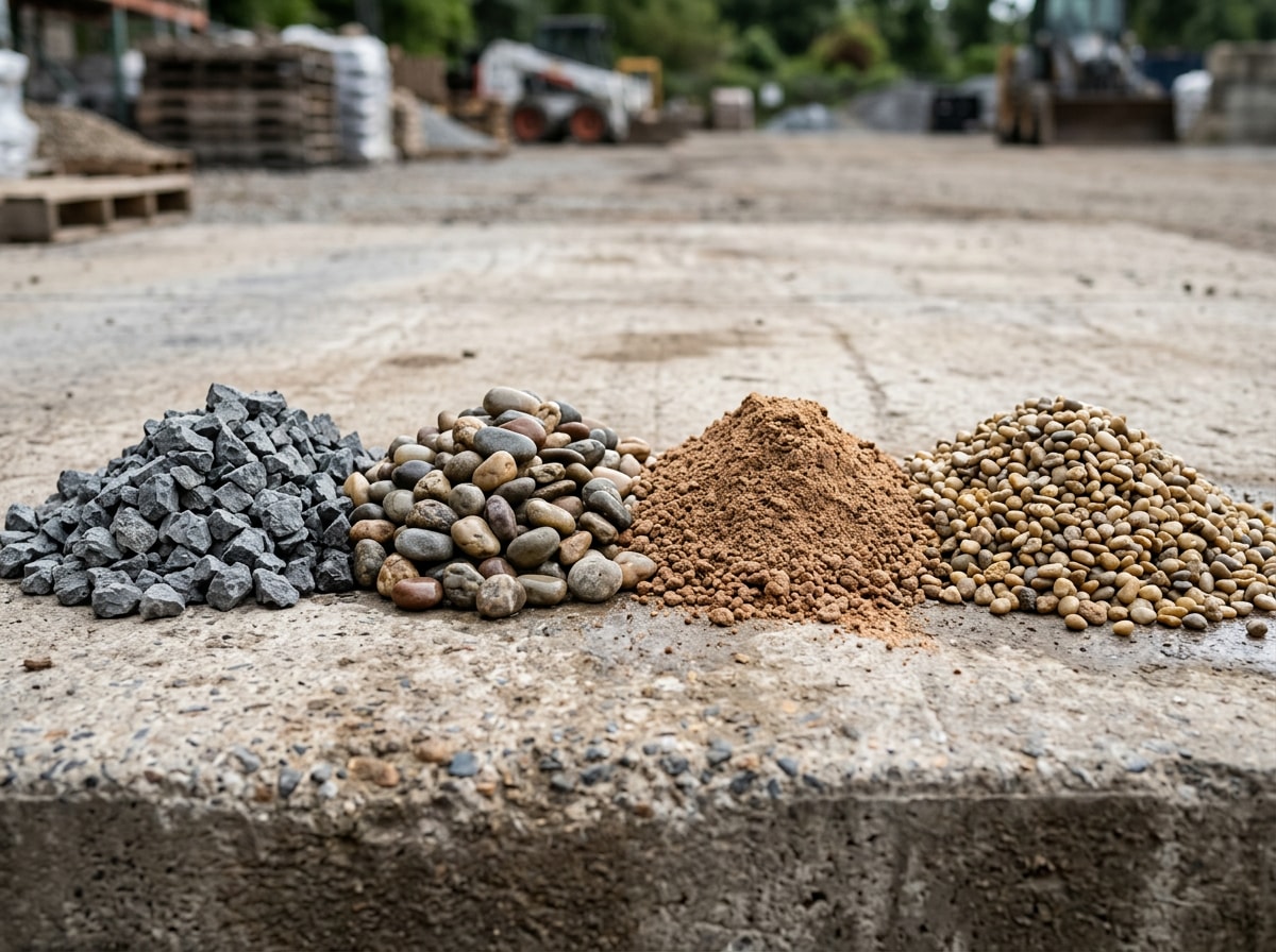 Side-by-side pile comparison of crushed stone, river rock, decomposed granite, and pea gravel