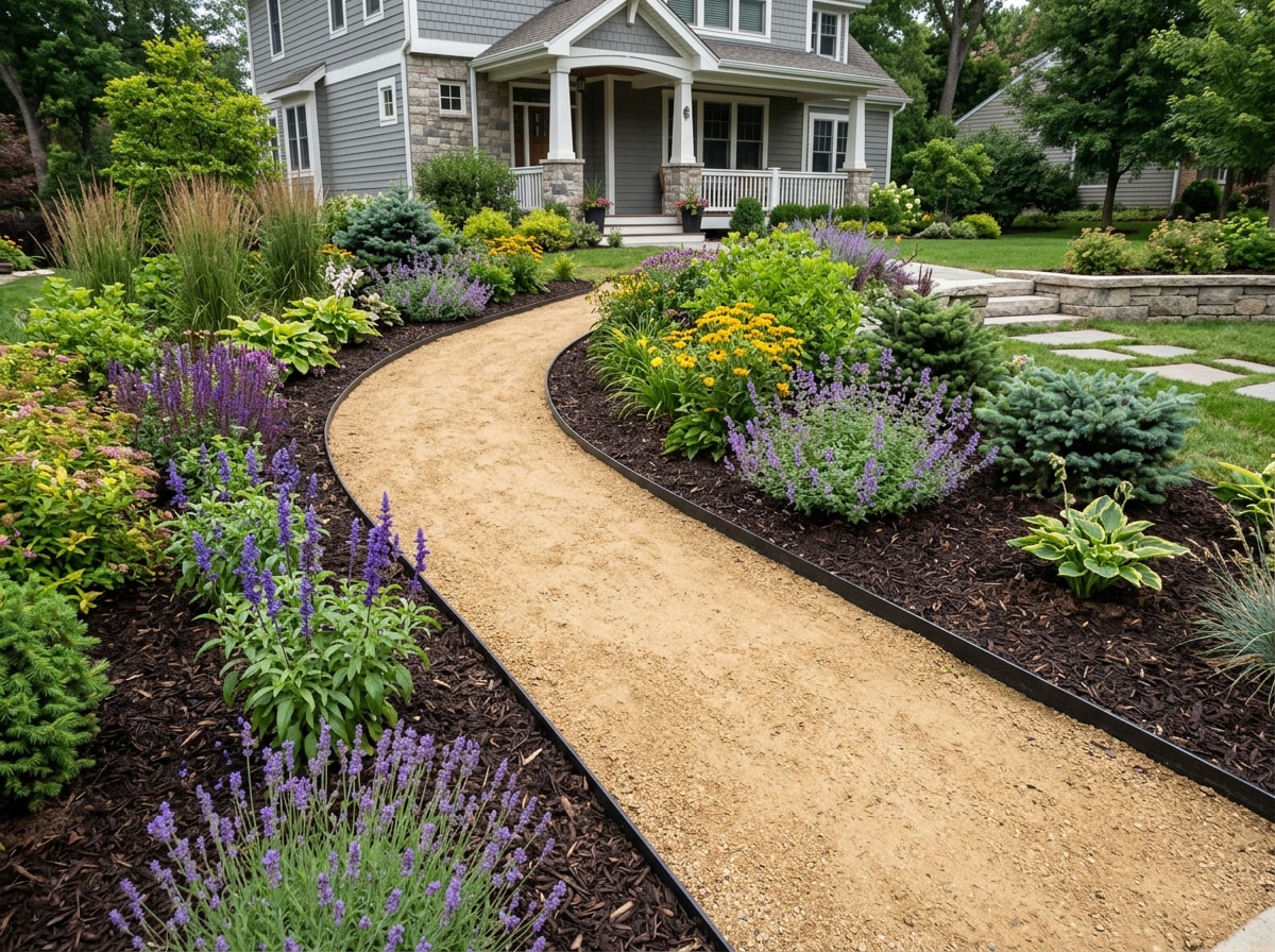 Finished gravel walkway with steel edging running through a landscaped front yard bed