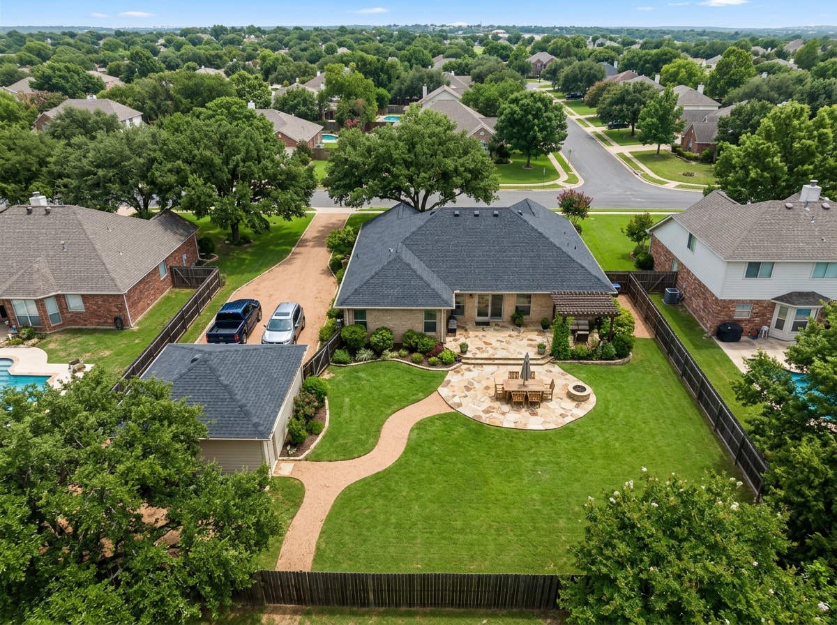 Aerial view of a residential lot showing gravel pathways connecting a patio and driveway