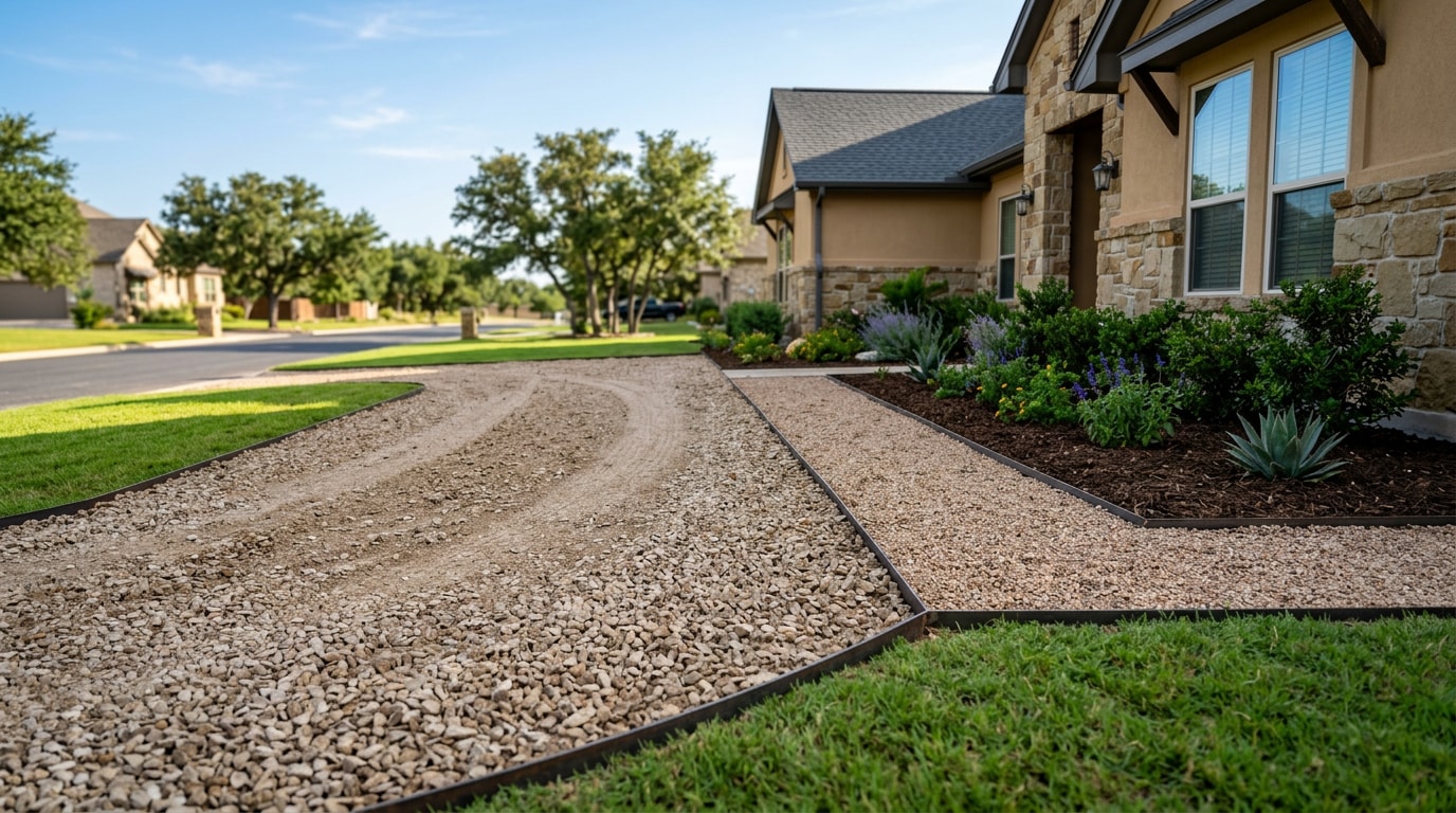 Freshly installed crushed stone driveway and gravel walkway in a Bryan, TX front yard