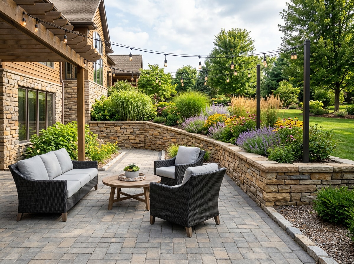 Completed paver patio and retaining wall hardscaping project in Wixon Valley, TX