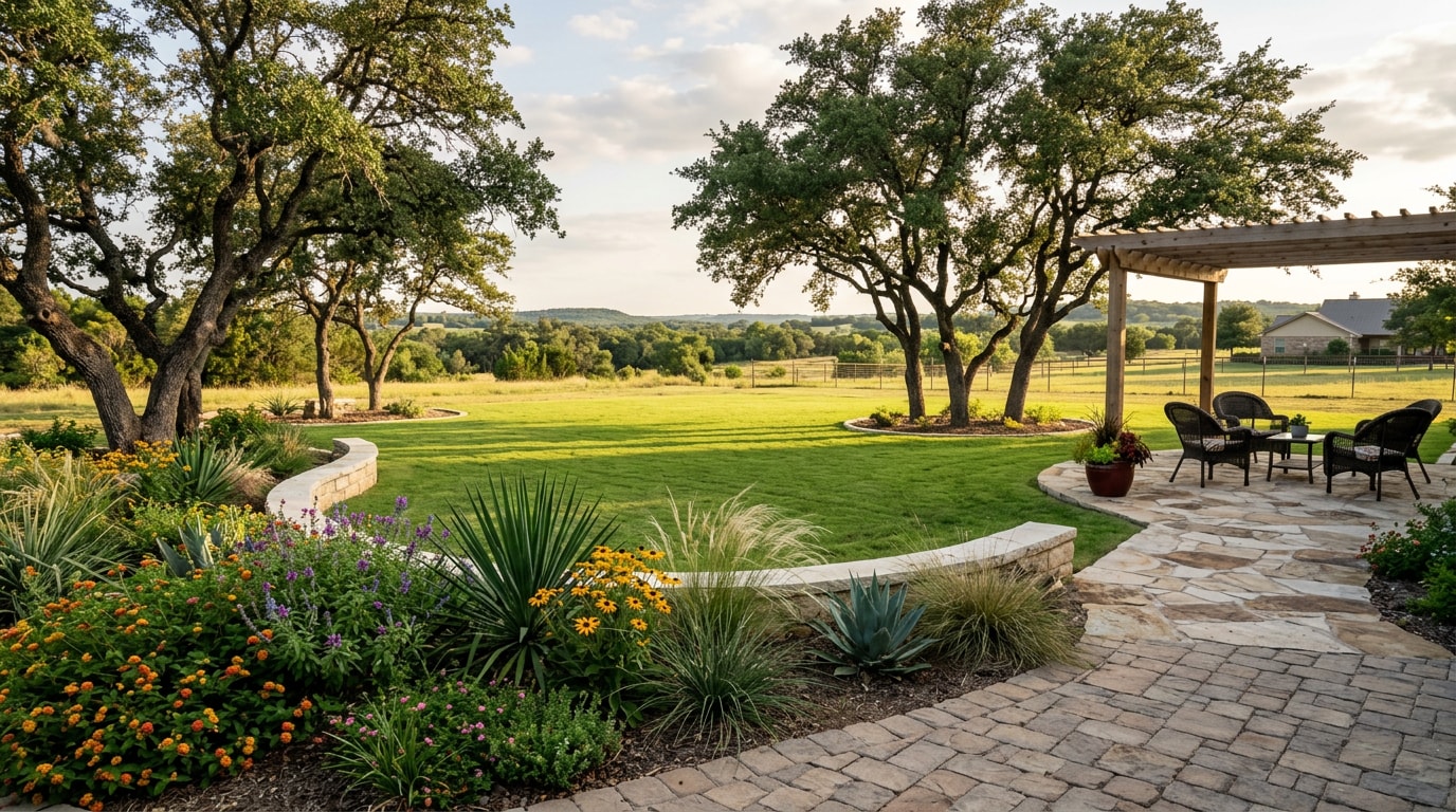 Finished residential landscaping with paver patio, retaining wall, and native plant beds in Wixon Valley, TX