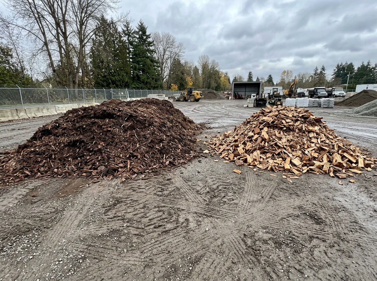 Bulk wood mulch and wood chip piles at a Navasota, TX landscape supply yard