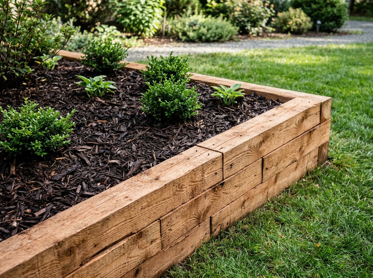 Cedar landscape timber border framing a mulched garden bed in a Navasota, TX yard