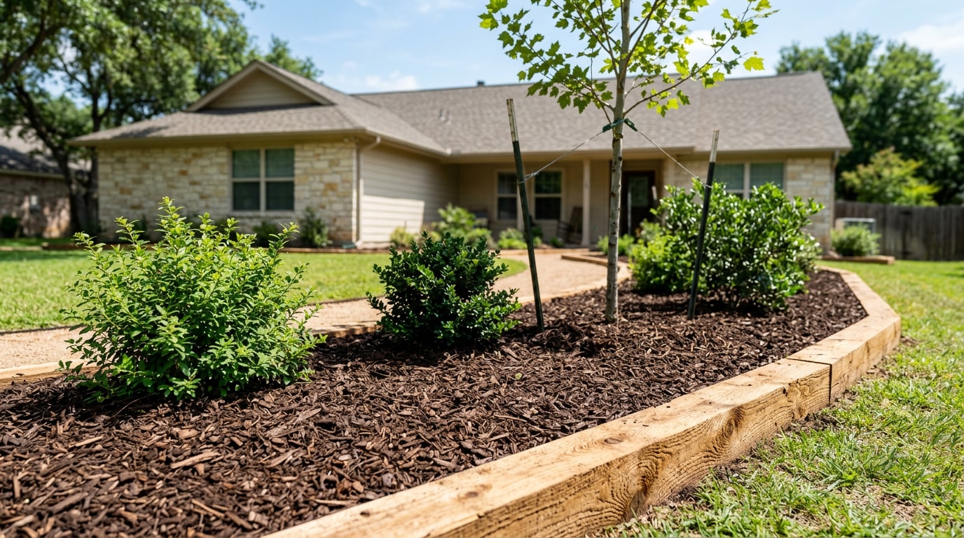Freshly mulched landscape bed with cedar timber border in a Navasota, TX yard