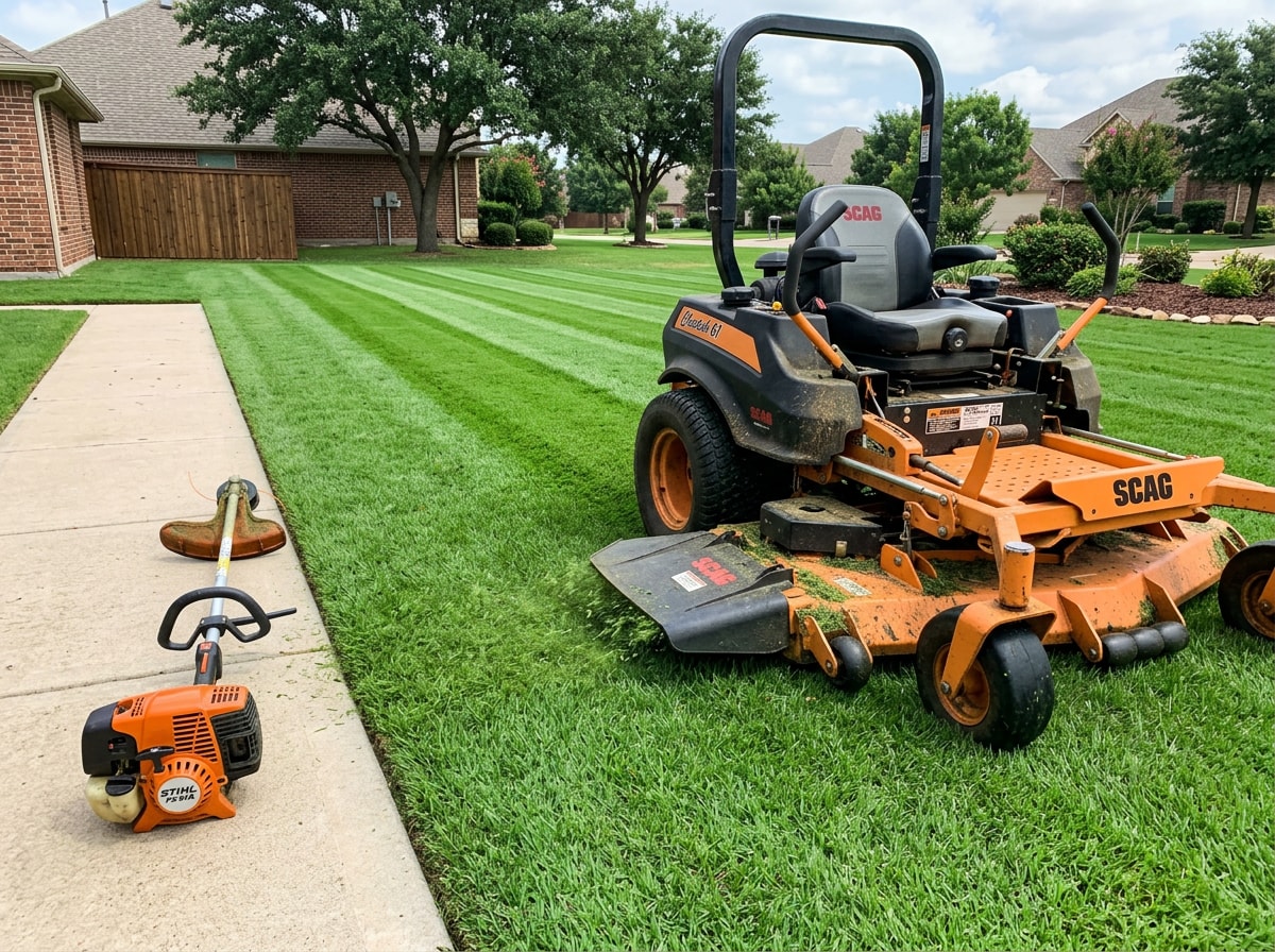 Lawn care technician mowing and trimming a residential yard in Bryan, TX