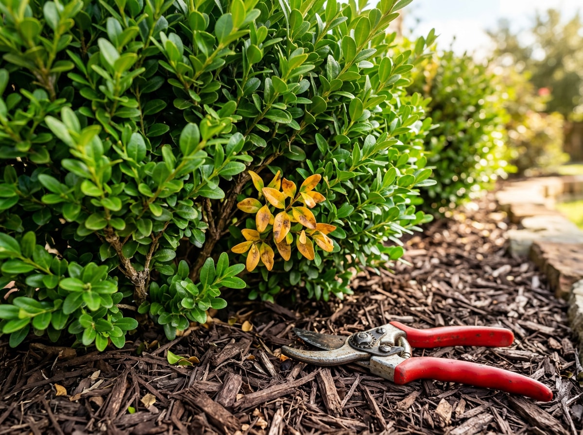 Technician inspecting a shrub bed for pests and disease in a Bryan, TX landscape