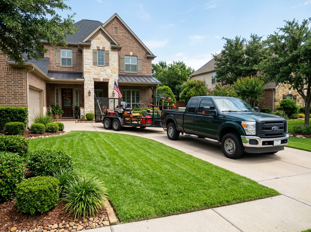 Lawn care technician performing a scheduled service visit at a Bryan, TX home