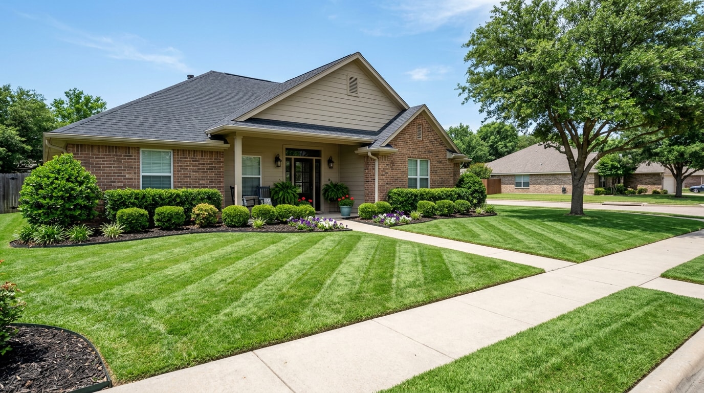 Freshly mowed lawn with trimmed shrubs at a home in Bryan, TX