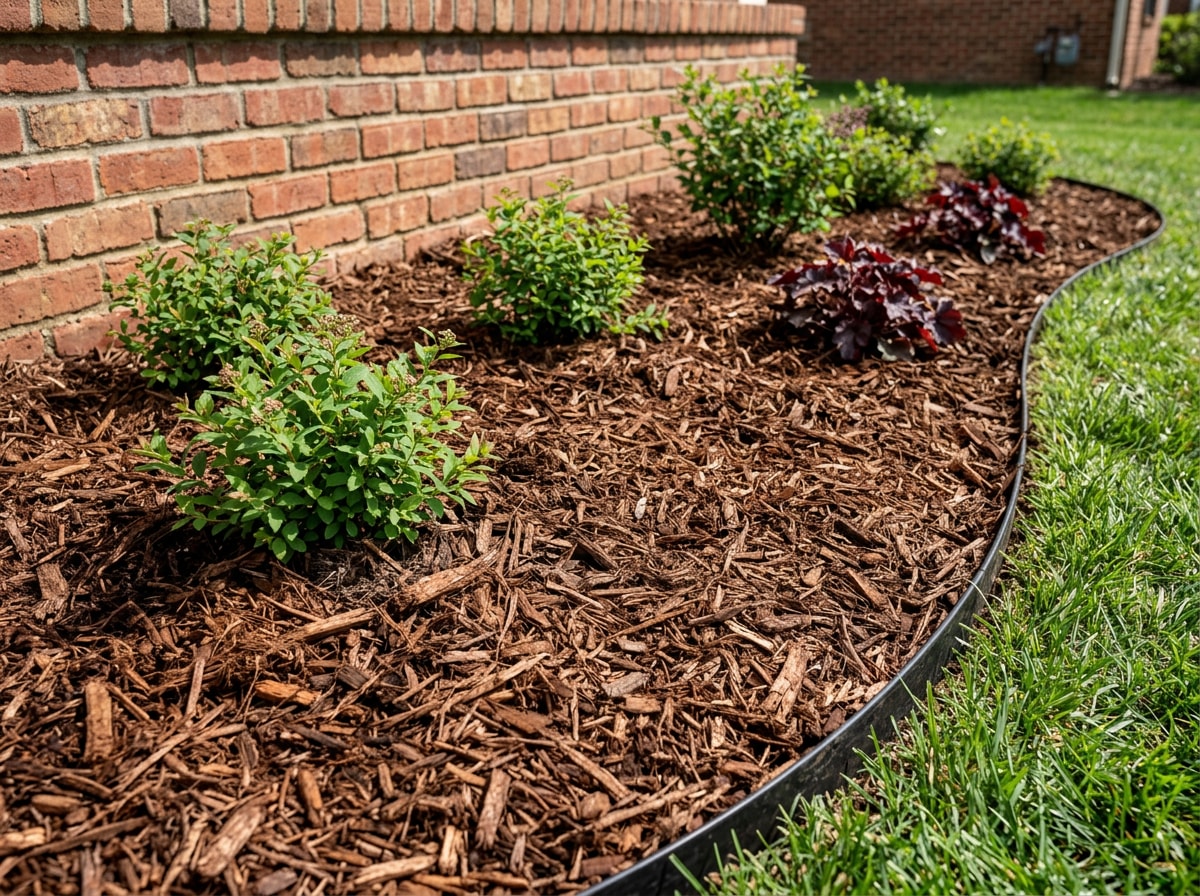 Freshly mulched flower bed with shredded brown hardwood mulch against a Kurten, TX home foundation