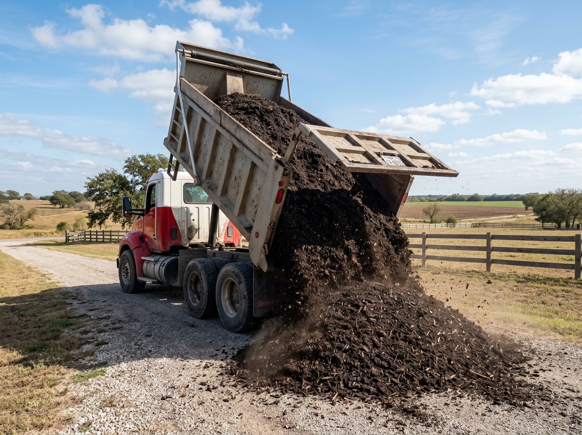Dump truck delivering bulk mulch to a rural driveway near Kurten, TX with Brazos Valley farmland in the background