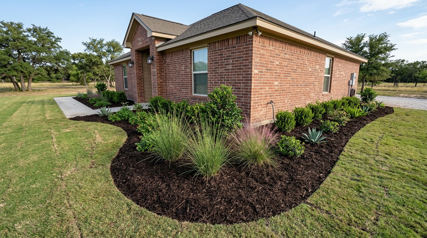 Freshly mulched landscape bed along a home foundation in Kurten, TX Freshly mulched landscape bed along a home foundation in Kurten, TX