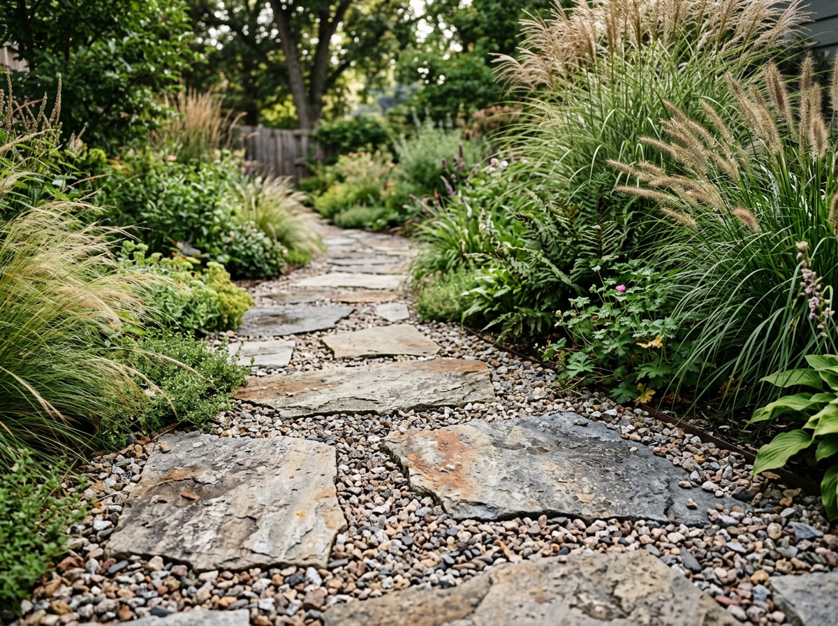 Gravel stone pathway winding through a backyard garden bed