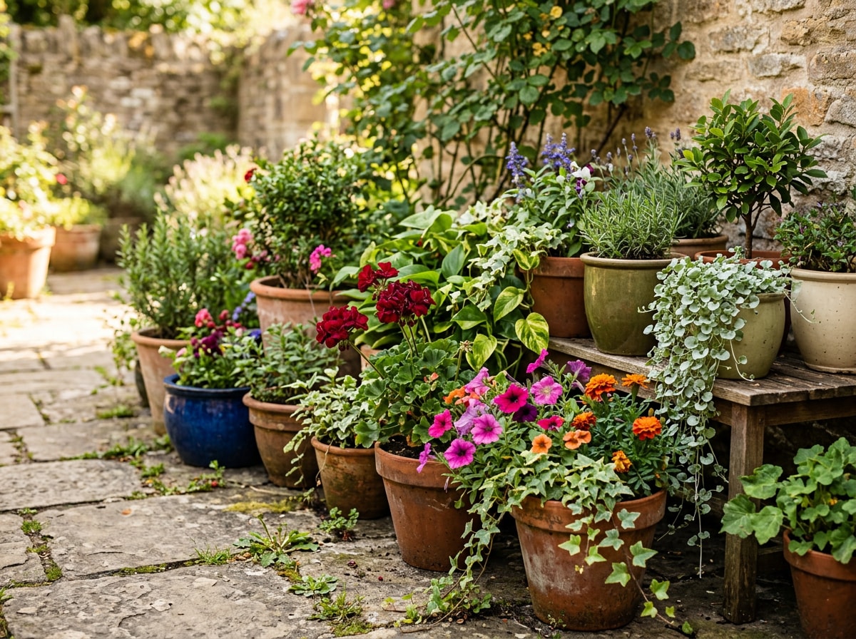 Grouped container garden with mixed potted plants near a patio