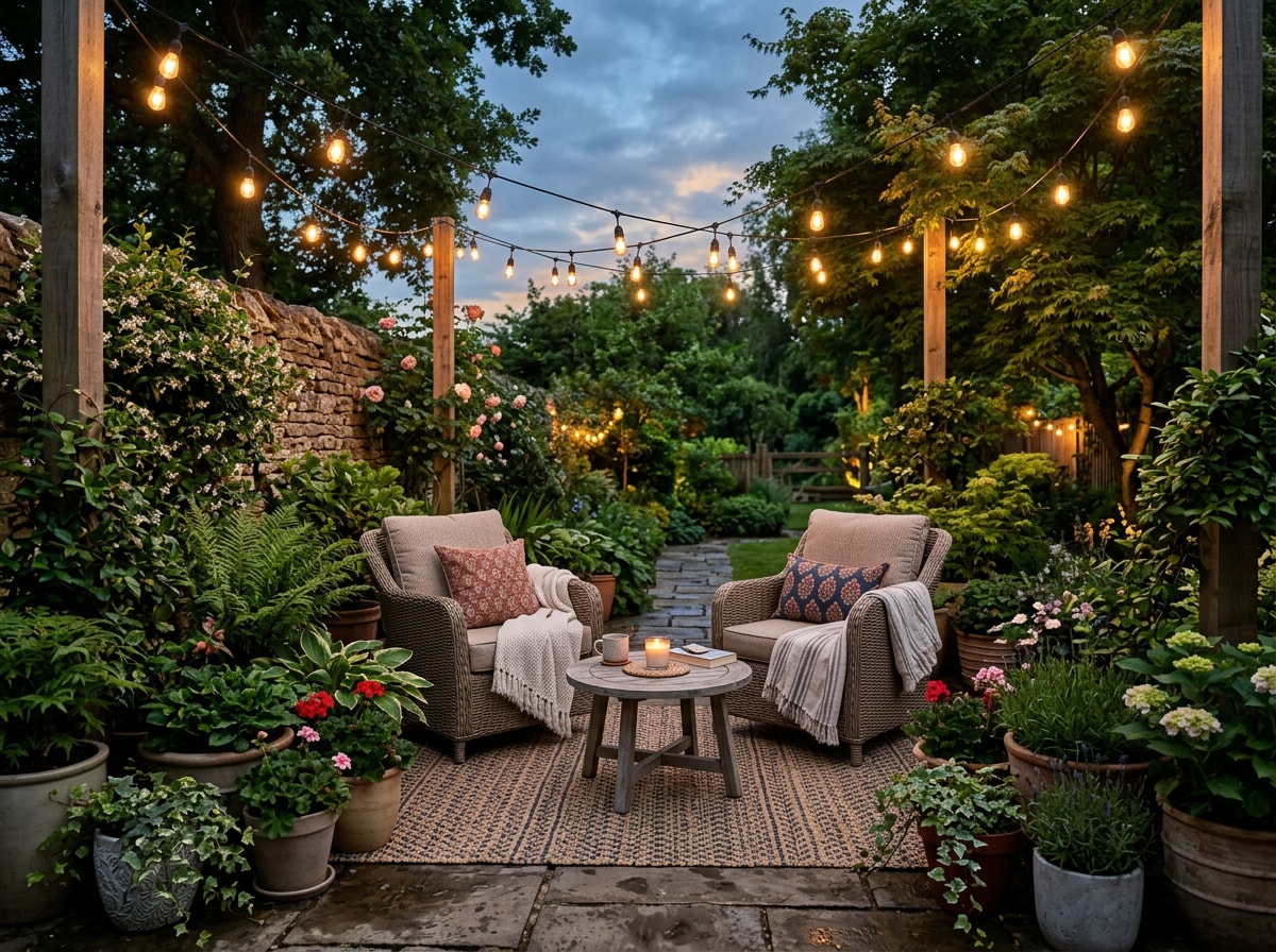 Cozy backyard seating area with outdoor rug, cushions, and string lighting