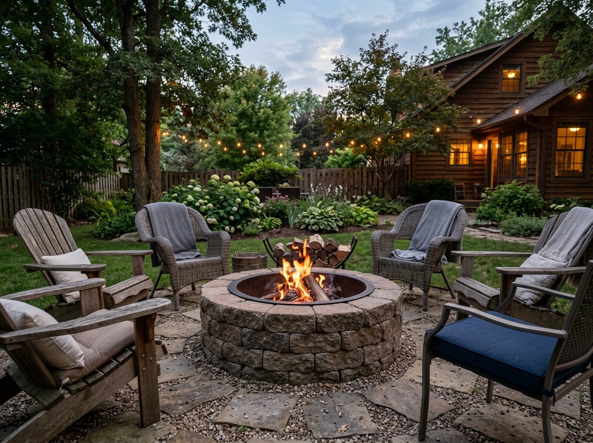 Backyard fire pit area with paver base and surrounding seating