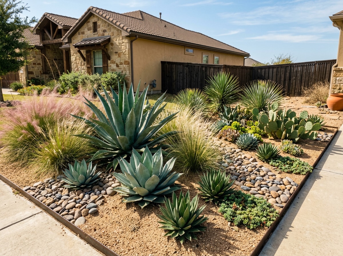 Desert-style backyard landscape with succulents, rock, and drought-tolerant plants