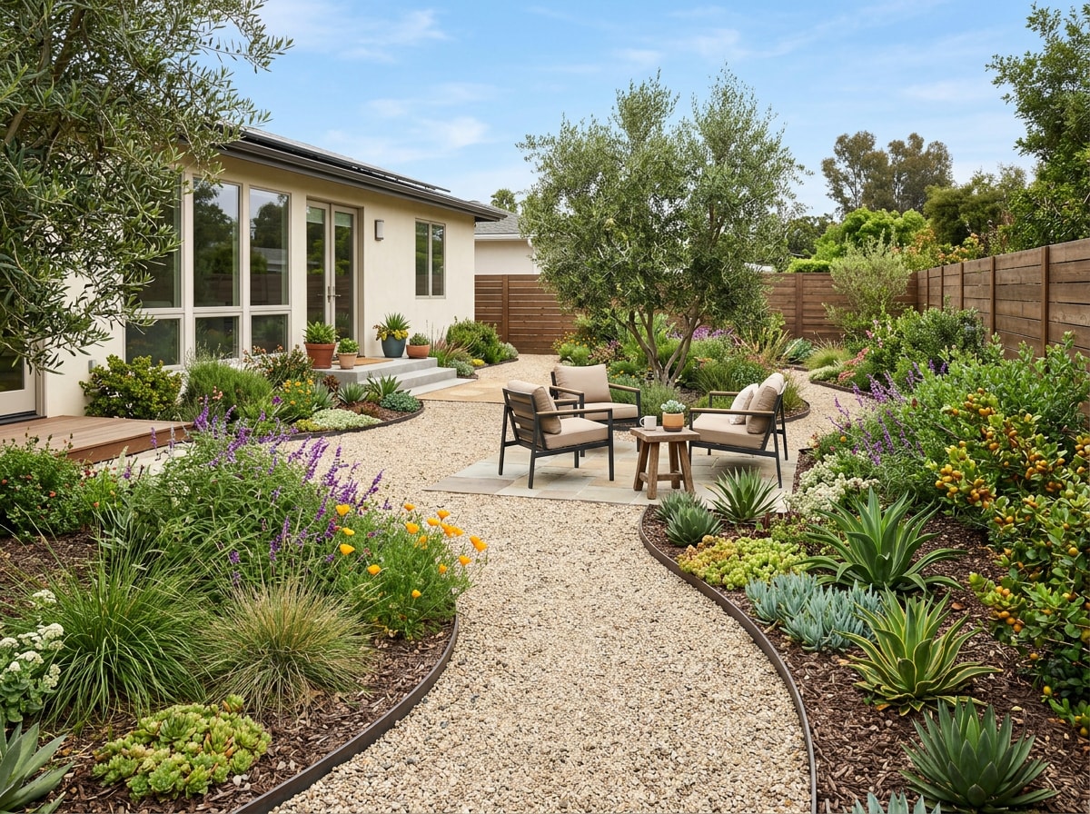 Finished backyard makeover showing a simple, low-maintenance landscaping design