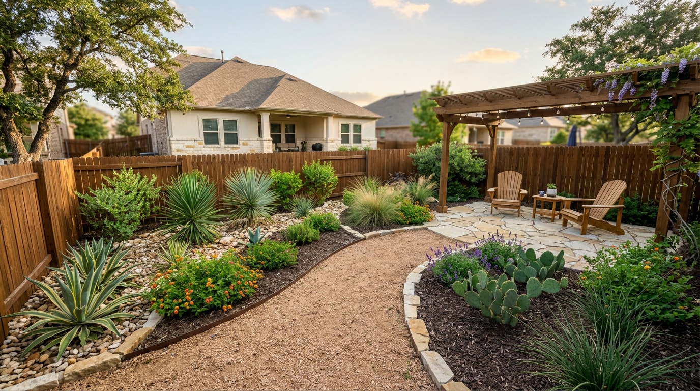Simple low-maintenance backyard landscaping design in Kurten, TX with gravel path and native plants Simple low-maintenance backyard landscaping design in Kurten, TX with gravel path and native plants