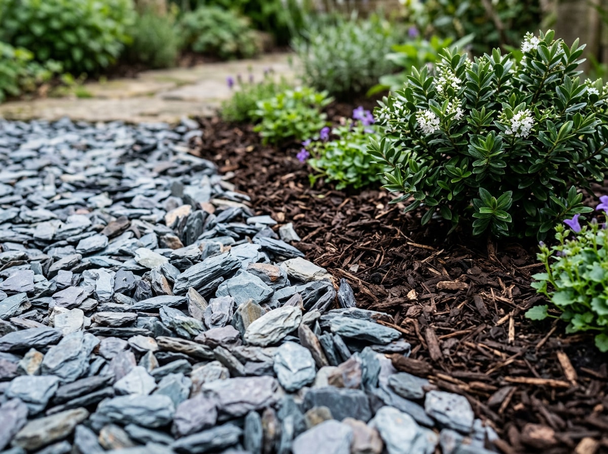 Slate chip garden path with blue-gray stones bordering a flower bed