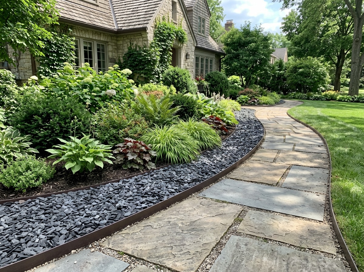 Slate chip edging installed along a landscape bed next to a stone walkway